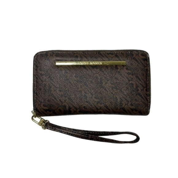 Steve Madden Wallet‎ Large Zip Around Brown Leather Gold Wristlet  Wrist Strap - Picture 1 of 11